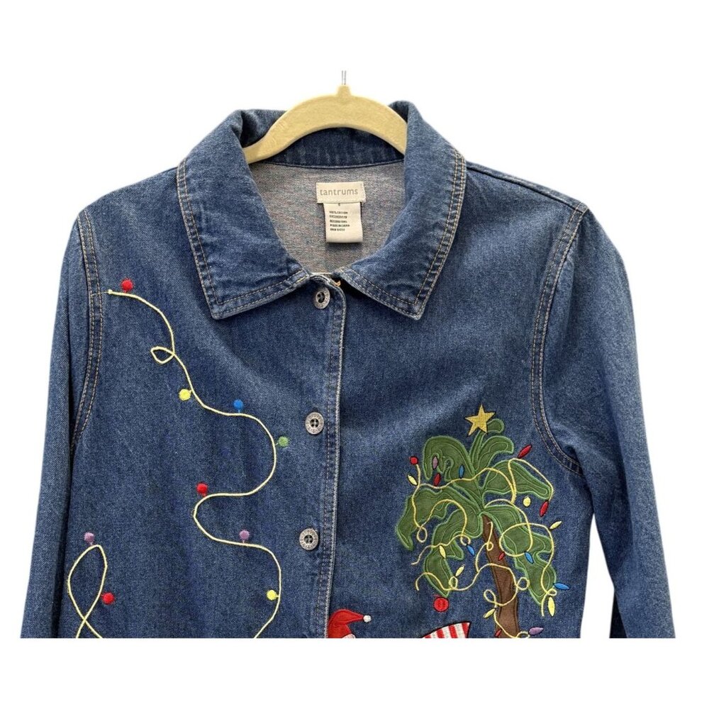 Tantrums Womens Denim Jacket Embroidered Flamingos Tree Holiday Lights S - Picture 2 of 6